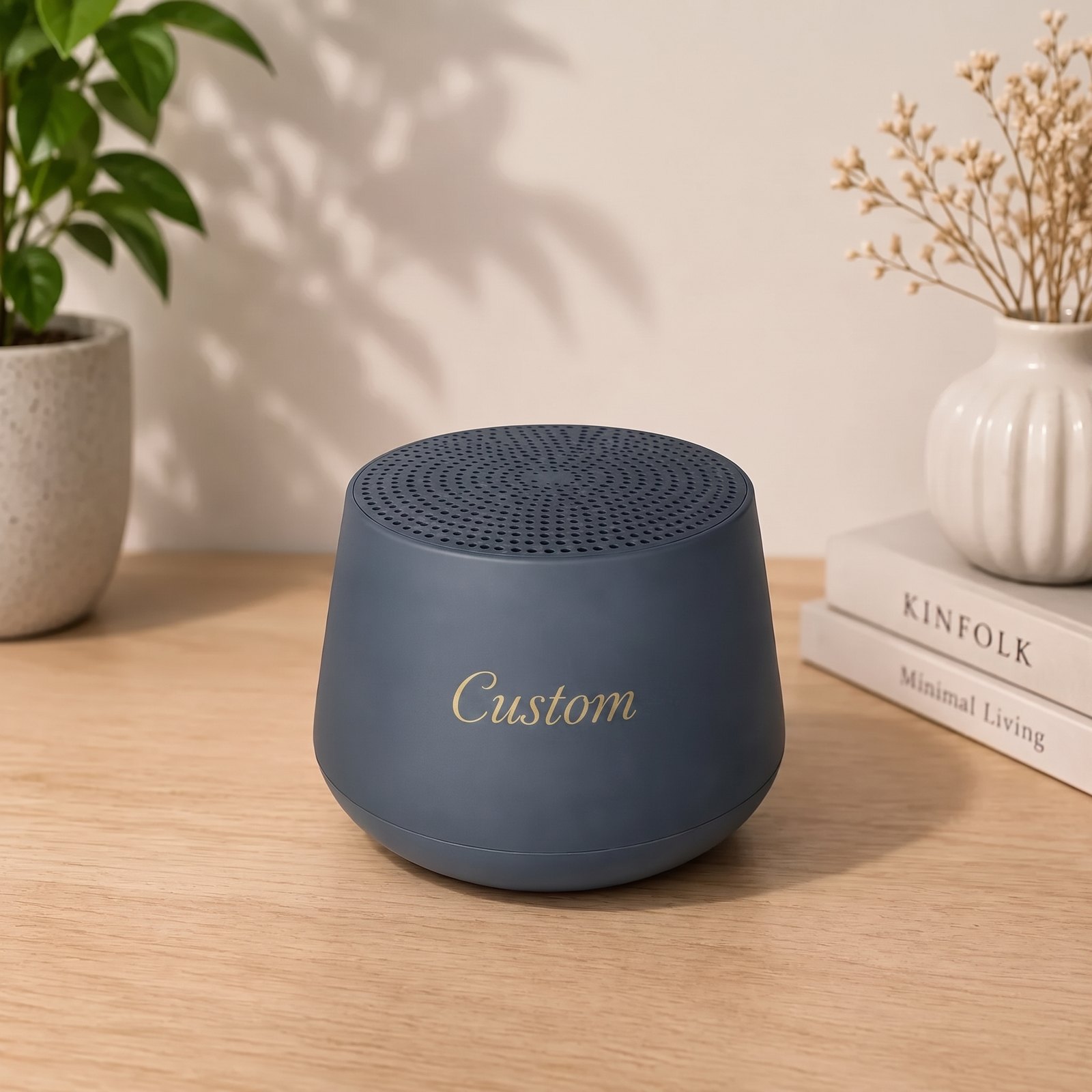 Speaker Bluetooth dengan custom engraving nama 'Custom' warna emas