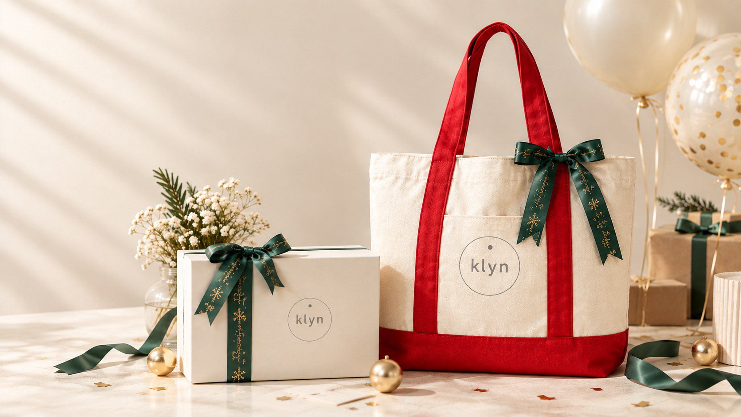 Hampers Klyn Gift dengan pita merah dan hijau, dikelilingi dekorasi perayaan